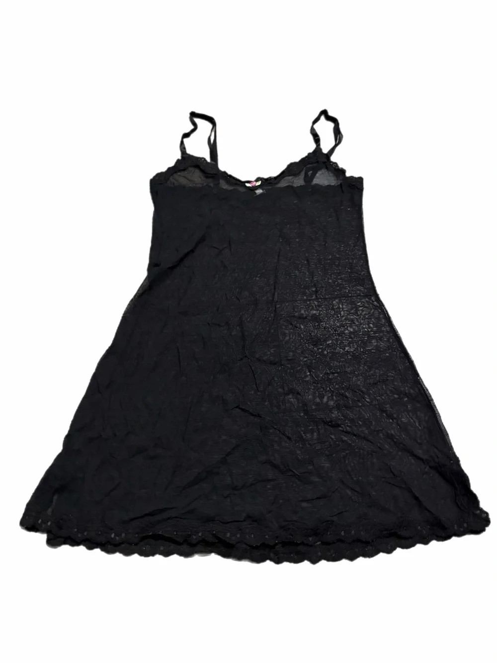 90s European Vintage Sheer Mesh Lace Trim Mini Slip Dress Floral Appliqué Size S